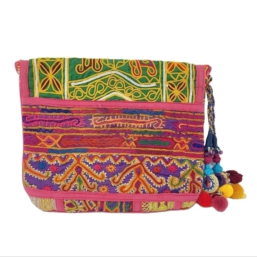 Colorful boho envelope purse bag pom pom embroidery